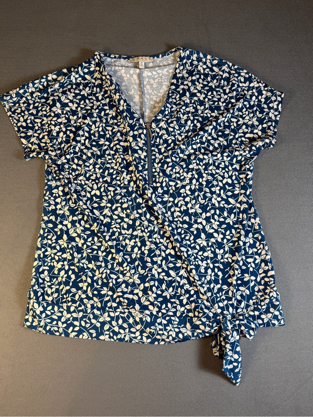 Chaus Navy and White Floral Tie-Front Blouse